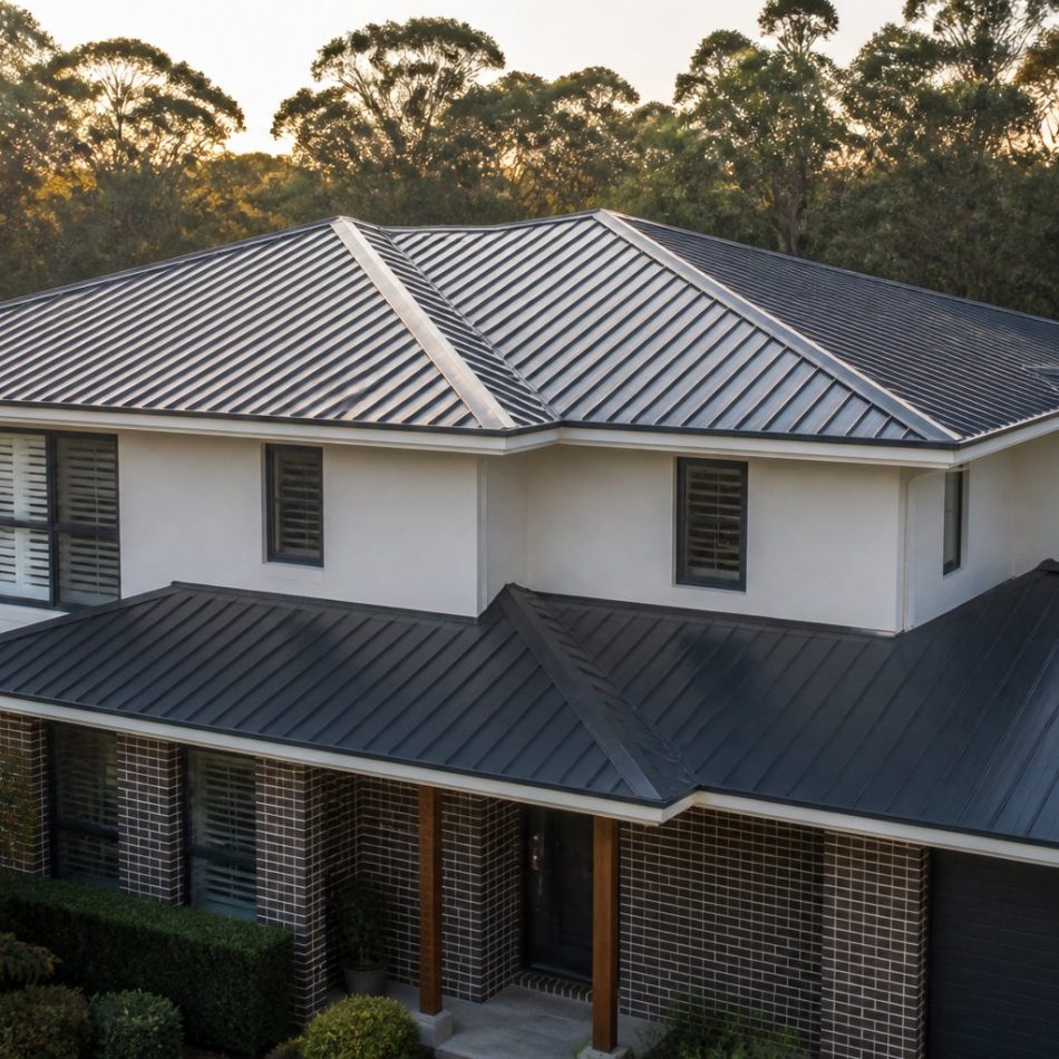 completed charcoal standing seam hip roof on a two storey Australian home