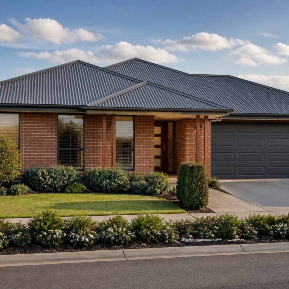 modern Australian brick home with a Monument Colorbond hip roof