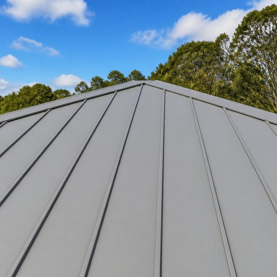 close up of a light grey standing seam Colorbond steel roof